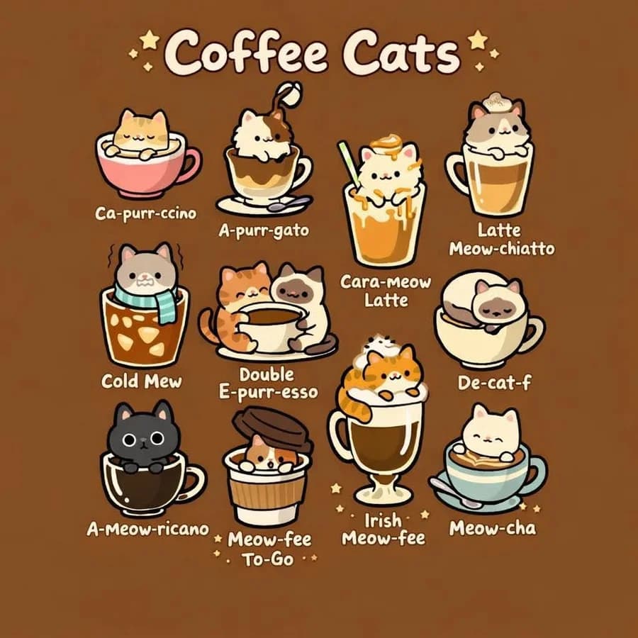 Thực đơn minh họa các ly cà phê mèo của Meow Coffee